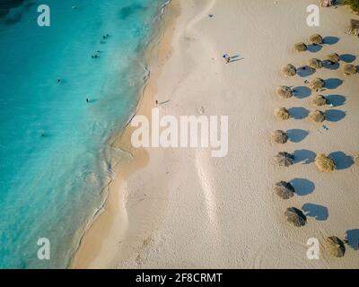 Eagle Beach Aruba, Palmen am Ufer des Eagle Beach in Aruba, Blick auf einen Strand mit Palmen und Sonnenschirmen Stockfoto