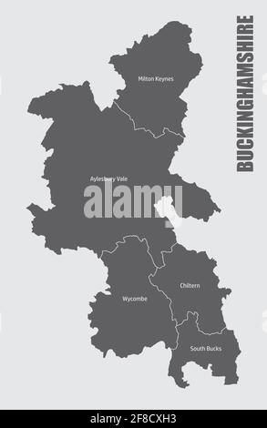 Die isolierte Karte der Grafschaft Buckinghamshire, aufgeteilt in Bezirke mit Beschriftungen, England Stock Vektor