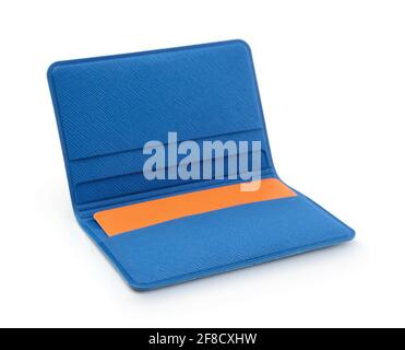 Magnetisch geöffneter geschützter Kartenhalter isoliert auf Weiß. Seitenansicht. Stockfoto