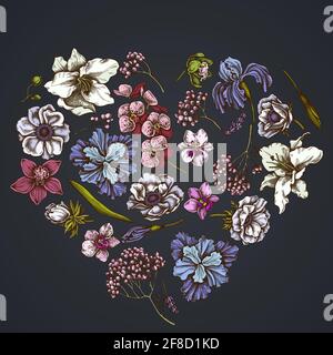 Herz-Blumenmuster auf dunklem Hintergrund mit Anemone, Lavendel, Rosmarin Everlasting, phaenopsis, Lilie, iris Stock Vektor