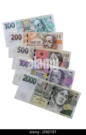 Tschechische Kronen Banknoten auf weißem Hintergrund Stockfoto