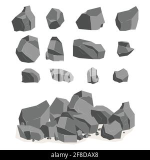 Eine Reihe von Comic-Steinen und -Steinen im isometrischen 3d-Stil. Eine Reihe von verschiedenen Felsbrocken. Videospiel - Stock-Vektor Stock Vektor