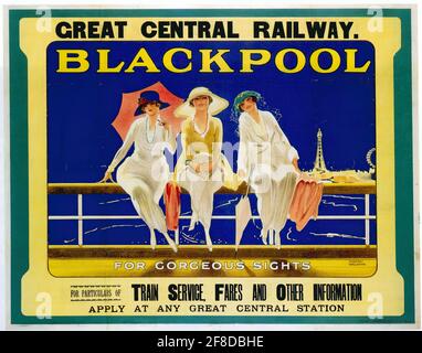 Ein Vintage-Reiseplakat für Blackpool in Lancashire von The Tolle Zentralbahn Stockfoto