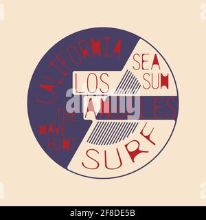 Surfen California T-Shirt Grafik-Druck-Design. Die Wellenjagd. Sonne und Meer. Tragen Sie Typografie, T-Shirt-Emblem. California Surf-Sport Kreatives Design. Drucken Stock Vektor