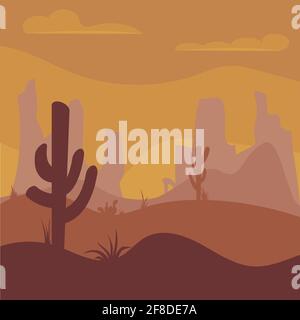 Kakteen und Berge in Wüstenlandschaft, Sonnenuntergang in Kanonen. Flache Cartoon-Illustration. Hintergrundszene mit Steinen und Sand. Vektor. Stock Vektor