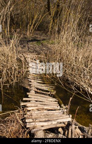 Eine hölzerne selbstgemachte Brücke über einen kleinen Fluss im Wald, an schönen sonnigen Tagen. Stockfoto