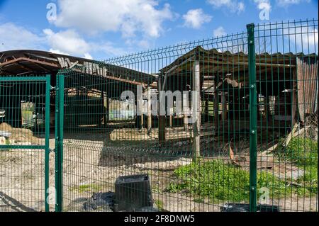 Aylesbury Valle, Großbritannien. April 2021. HS2 hat auch mit dem Abriss der Durham Farm neben Jones Hill Wood begonnen. HS2 hat die Bauern aus ihrem Familienhaus vertrieben und angeblich ohne finanzielle Entschädigung. Umweltaktivisten, die versuchen, Jones Hill Wood zu schützen, ergreifen rechtliche Schritte gegen Natural England, das die Lizenz an HS2 Fell Jones Hill Wood erteilt hat, obwohl es seltene Barbaren Fledermäuse im Holz hat. Die umstrittene und massiv über den Budget verfegte High Speed 2-Bahnverbindung von London nach Birmingham macht eine riesige Narbe über die Chilterns, die eine AONB ist. Kredit: M Stockfoto