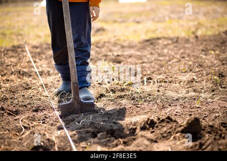 Farmer Mann Boot auf Spaten Vorbereitung zum Graben. Arbeiter lockern schwarzen Schmutz Boden mit Schaufel im Garten auf dem Bauernhof. Landwirtschaft Konzept Stockfoto