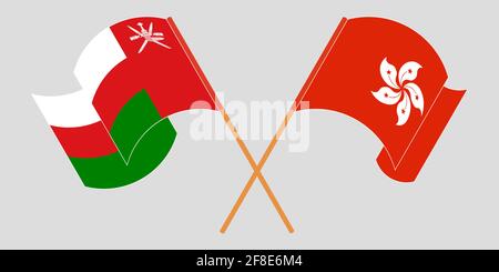 Gekreuzte und winkende Flaggen von Oman und Hongkong. Vektorgrafik Stock Vektor