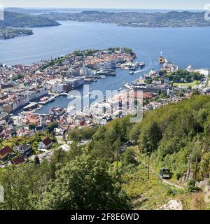 BERGEN, NORWEGEN - 23. Jul 2020: Bergens Stadtbild ab Floyen fährt ein Floibanen-Zug bergauf Stockfoto