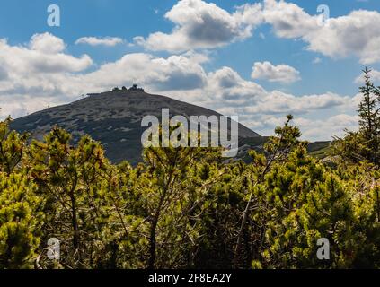 Riesengebirge, Polen - Juni 23 2020: Sniezka-Berg mit wenigen Gebäuden auf Büschen und Bäumen Stockfoto