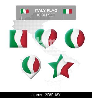 Symbole der italienischen Flagge in Form von Quadrat, Herz, Kreis, Sternen und Zeiger, Kartenmarkierung. Mosaikkarte von italien. Winken im Wind. Italienische Dreifarben Stock Vektor