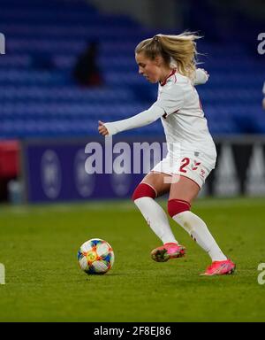 Cardiff, Großbritannien. April 2021. Olivia Holdt in Aktion gesehen während des Womens Freundschaftsspiel zwischen Wales und Dänemark im Cardiff City Stadium.Final Score; Wales 1:1 Dänemark) (Foto von Graham Glendinning/SOPA Images/Sipa USA) Kredit: SIPA USA/Alamy Live News Stockfoto