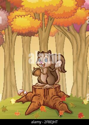Vektor-Illustration von Cartoon Eichhörnchen hält Eichel im Wald Stock Vektor