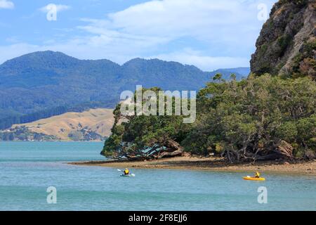 Kajakfahrer auf dem Wasser in Wyuna Bay, einer malerischen Gegend in der Nähe der Stadt Coromandel, Neuseeland Stockfoto