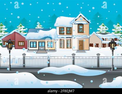 Winterlandschaft mit Haus und Schnee auf der Straße Stock Vektor