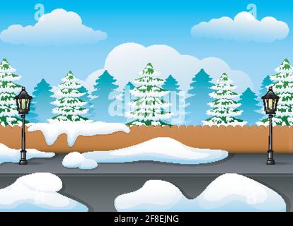 Winterwaldlandschaft mit Tannenbaum und Schnee auf der Straße Stock Vektor