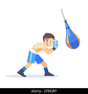 Boxerkind mit Sandsäcken Boxen. Fitness, Sport, Bewegung, wird Macht und das Konzept des Lebensstils. Cartoon Vektorgrafik auf weißem Hintergrund Stock Vektor