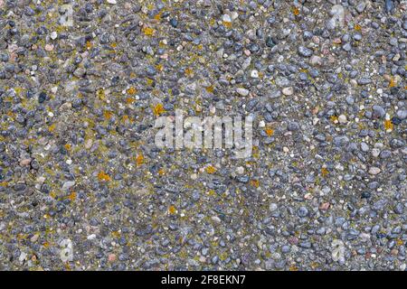 Hintergrund mit grauem Stein und Struktur. Detailreiche kleine Steine an der Wand. Stockfoto