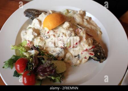 Frische Forelle mit Sahnesauce, Pilzen, Lauch und Gemüse Stockfoto