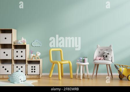 Wandmock im Kinderzimmer in Minzgrün Hintergrund der Farbwand.3d-Rendering Stockfoto