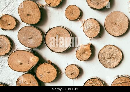 Querschnitt des Hintergrunds der Baumstämme. Holzstruktur, runde Holzstämme. Dekoration von Schnittbaum für die Inneneinrichtung dekorieren oder als Hintergrund. Stockfoto