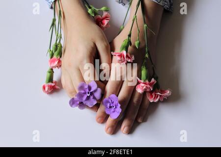 Die Hände der Frau mit Blumen, die durch ihre Finger verwickelt sind. Nahaufnahme schöne anspruchsvolle weibliche Hände mit Blumen auf weißem Hintergrund. Sommerzeit Stockfoto