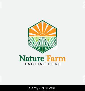 Natur Bauernhof und Landwirtschaft Vektor-Logo Illustration Design. Sun Farm.isolierte Abbildung von Feldern Bauernhof Landschaft und Sonne. Konzept für die Landwirtschaft ,ha Stock Vektor