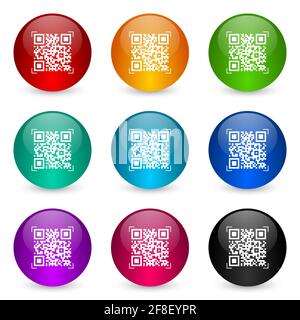 QR-Code, Shopping Icon Set, farbenfrohe, glänzende 3d Rendering Ball Buttons in 9 Farboptionen für webdesign und mobile Anwendungen Stockfoto