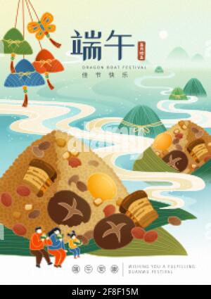 Der schmackhafte Geruch von Reisknödeln strömt in andere Zongzi-Berge. Konzept der traditionellen Duanwu Küche. Name des Drachenbootfestes in chinesischer Sprache. Stock Vektor