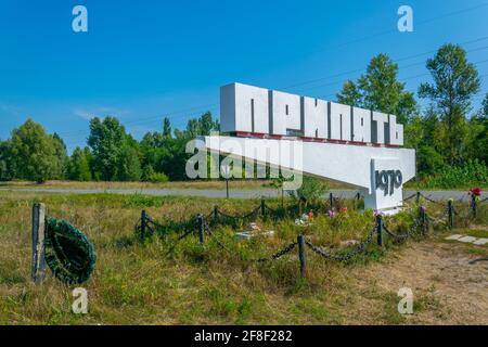 Eintrittsschild zur Stadt Pripjat in der Ukraine Stockfoto