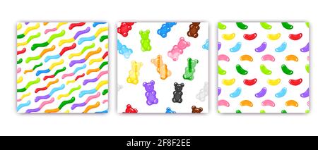 3 Gummibär, Gelee Würmer und Bohnen süße Süßigkeiten nahtlose Muster mit erstaunlichen Geschmack flach Stil Design Vektor Illustration gesetzt. Helles, farbenfrohes Gelee Stock Vektor