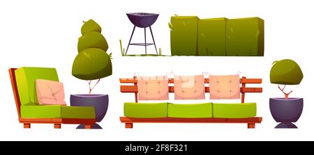 Möbel für Garten oder Terrasse mit Grill zum grillen. Grillparty auf dem Hinterhof oder auf der Terrasse. Vector Cartoon Satz von Gartenhecke, grünen Bäumen, Sofa und Sessel isoliert auf weißem Hintergrund Stock Vektor