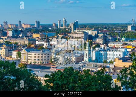 Luftaufnahme von Podil Bezirk in Kiew, Ukraine Stockfoto