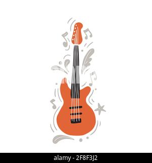 Vektor-Illustration auf orange und schwarz moderne E-Gitarre von Schwarz und orange Farbe von Hand gezeichnet mit minimalistischem flachen Stil Rockmusik inmitten grauer Ornamente und Noten Stock Vektor