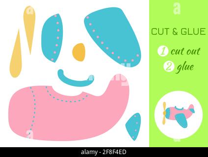 Schneiden und kleben Papier Cartoon rosa Ebene. Seite „Craft Activity“ ausschneiden und einfügen. Pädagogisches Spiel für Kinder im Vorschulalter. DIY-Arbeitsblatt. Kinder Logik Spiel, handeln Stock Vektor