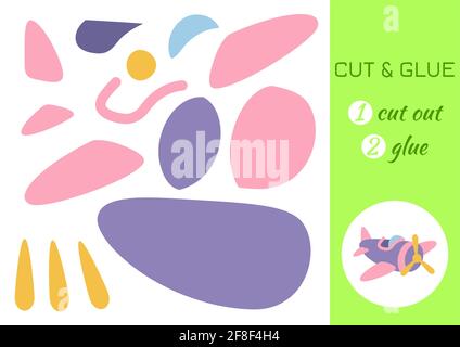 Schneiden und kleben Papier Cartoon violette Ebene. Seite „Craft Activity“ ausschneiden und einfügen. Pädagogisches Spiel für Kinder im Vorschulalter. DIY-Arbeitsblatt. Kids Logik Spiel, ein Stock Vektor