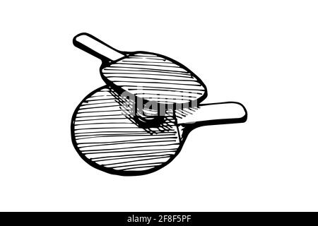 Ping-Pong-Schläger und Ball handgezeichnete Skizze Symbol. Tischtennisausrüstung. Ping Pong Spiel Paddles Logo Konzept. Vektor eps schwarze Tinte Doodle isolierte Illustration auf weißem Hintergrund Stock Vektor