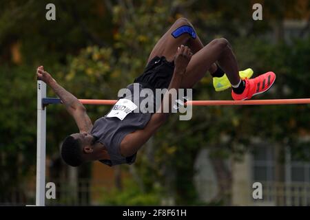 Shelby McEwen (USA) gewinnt den Hochsprung auf 7-5 (2,26 m) während der Miramar Invitational, Samstag, 10. April 2021, in Miramar, Fla Stockfoto