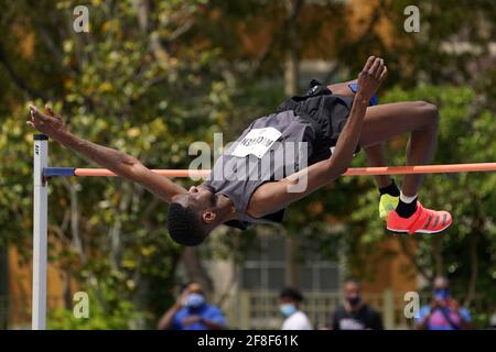 Shelby McEwen (USA) gewinnt den Hochsprung auf 7-5 (2,26 m) während der Miramar Invitational, Samstag, 10. April 2021, in Miramar, Fla Stockfoto