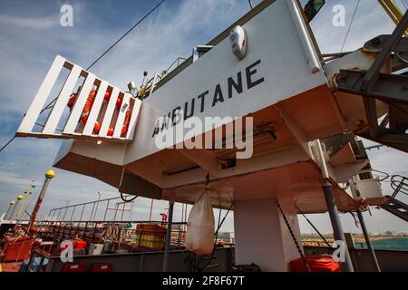 Aktau, Kasachstan: LPG-Tankschiff 'Anbutane' für Flüssiggastransport Nahaufnahme. Gas-Ladeterminal, Kaspisches Meer. Stockfoto