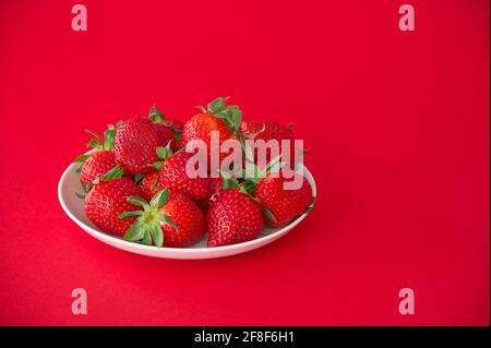 Erdbeeren auf einem Teller vor rotem Hintergrund Stockfoto
