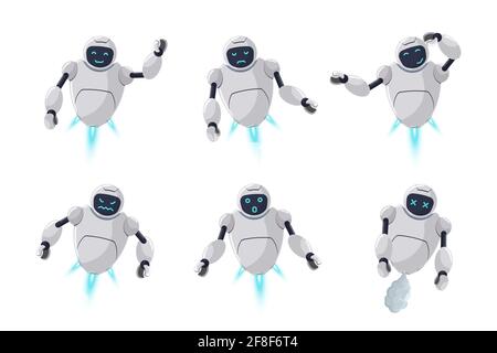 Nette freundliche Roboter Charakter verschiedene Emotionen gesetzt. Futuristische Chatbot Maskottchen verschiedene Aktivitäten Posen. Online bot grüßt, lächeln, traurig, böse, überrascht, Denken und kaputt. Technische Karikatur eps Illustration Stock Vektor