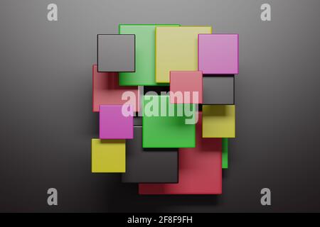 3d-Rendering einiger mehrfarbiger Würfel und Quadrate auf Ein schwarzer Hintergrund Stockfoto