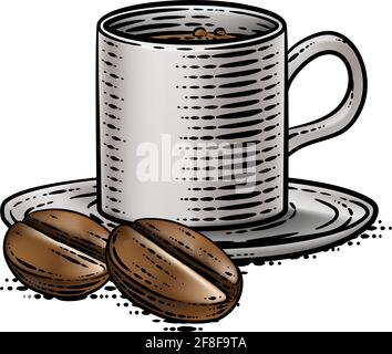 Kaffeebohnen Und Tasse Vintage Holzschnitt Illustration Stock Vektor