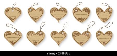 Herzförmiges Preisschild-Set. Labeldesign mit Blumenmuster und Aufhängepapier. Vintage kunstvollen Blumenrahmen für Hochzeit Einladung Grußkarte, Markt Verkauf Rabatt Coupon, Shop Retail Badge leer Retro Aufkleber Stock Vektor
