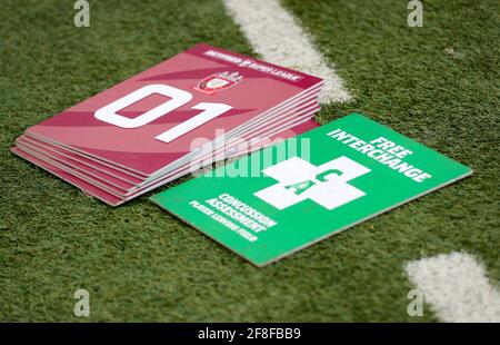 Aktenfoto vom 26-05-2019 eines Schilds zur Beurteilung der Gehirnerschütterung auf dem Spielfeld. Ausgabedatum: Mittwoch, 14. April 2021. Stockfoto