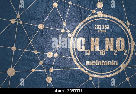 Melatonin Hormon chemische Formel. Beim Menschen spielt es eine Rolle bei der zirkadianen Rhythmus-Synchronisation. Stilisierte konventionelle Skelettformel. Verbunden Stockfoto