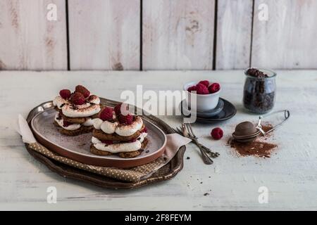 Tiramisù mit kondensierten Himbeeren und Kakaobohnen Stockfoto