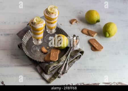 Tiramisù mit Zitronenrute Stockfoto